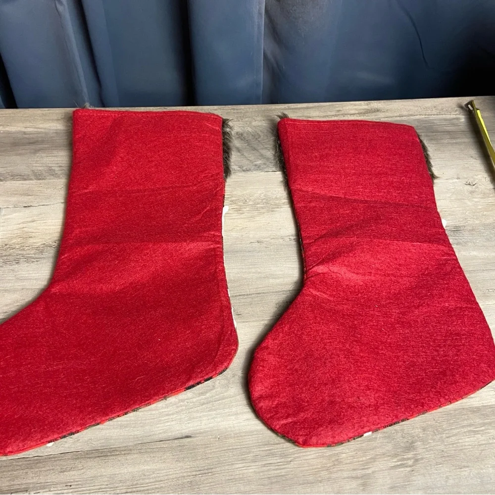 Christmas Stockings Set of 2 Red Gray Fuzzy Top Snowflake Pattern Hanging Plaid‎